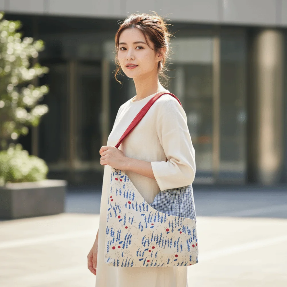 Large Capacity Canvas Tote Bag Eco Cloth Plaid Triangle Hobo Handbag Magnetic Buckle Contrast Color Patchwork Crossbody Bag