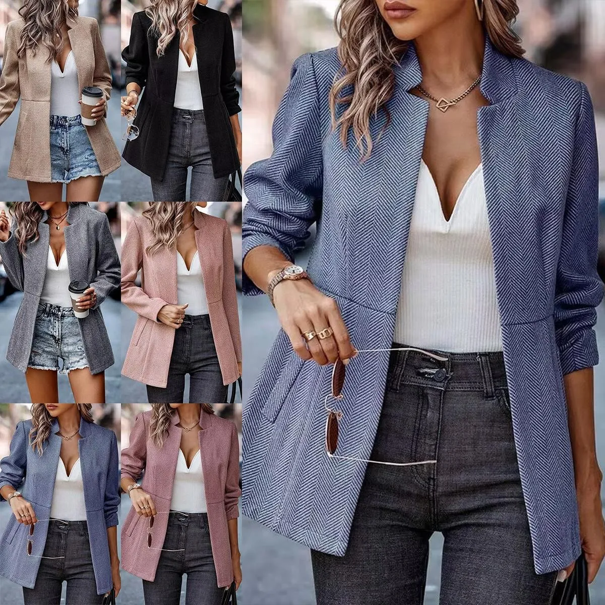 Fitted Woven Coat Regular Length Commuter with Geometric Pattern Polo Collar Long Sleeve No Button Closure Women Autumn Coat
