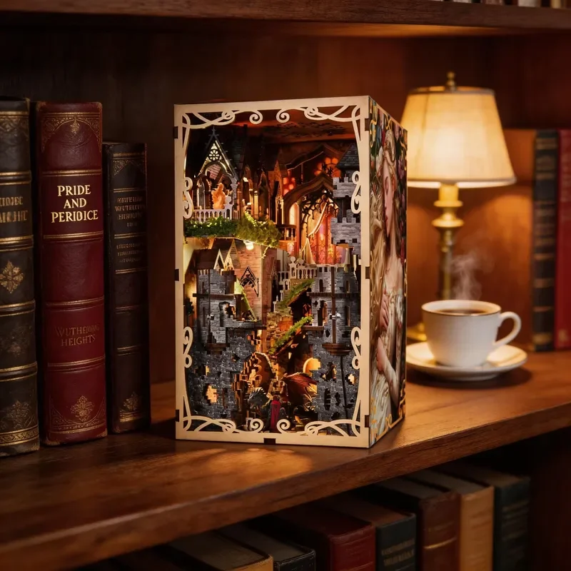 OEM DIY 3D Wooden Book Nook Puzzle Kit LED Lights Custom Wholesale Factory Dust Cover Bookshelf Battery