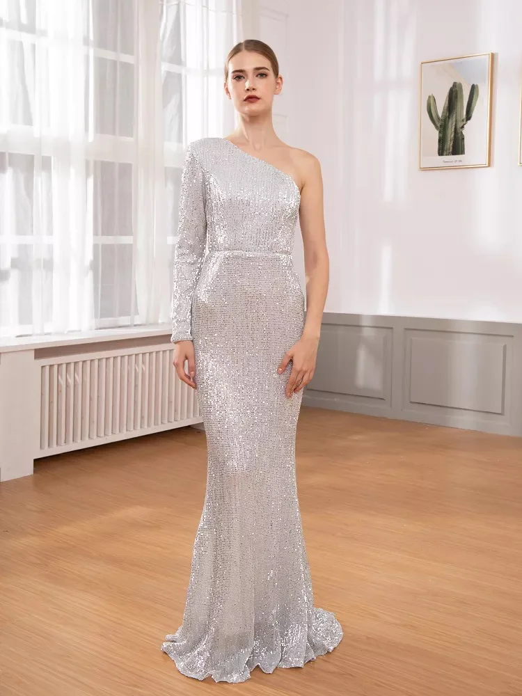 

New Silver Mermaid Women's Long Dresses Banquet Style One Shoulder Annual Meeting Host Prestige Queen Sequin Evening Dress