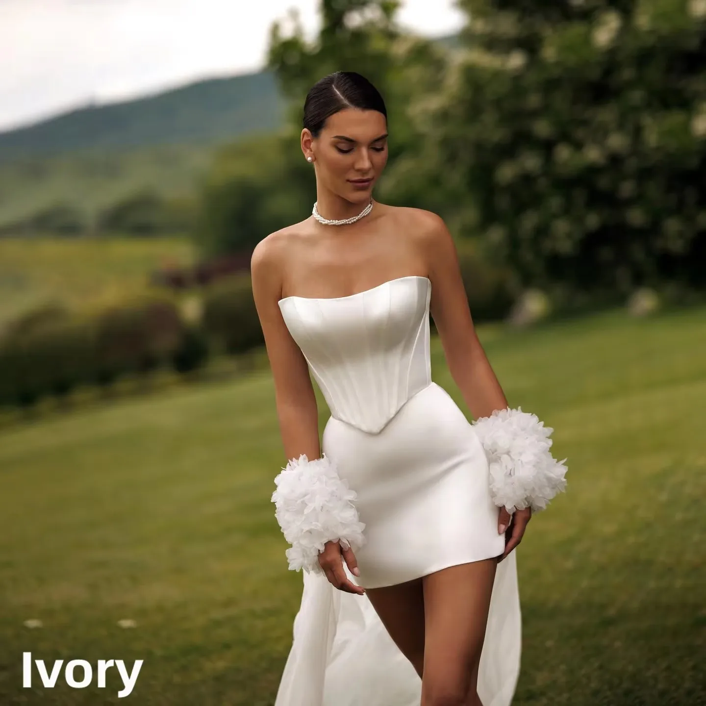 New Strapless Mini Satin Wedding Dress Corset Lace Up Back Tulle Train Elopement Bridal Party Reception Vestido De Novia Beach
