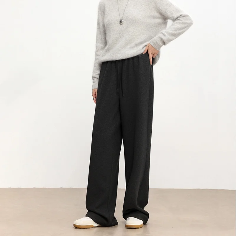Birdtree Wool Blend Warmth Straight Pants,Women Elastic Waist Pocket Trousers,2025  Autumn High Waist Loose Pants P5O615JF