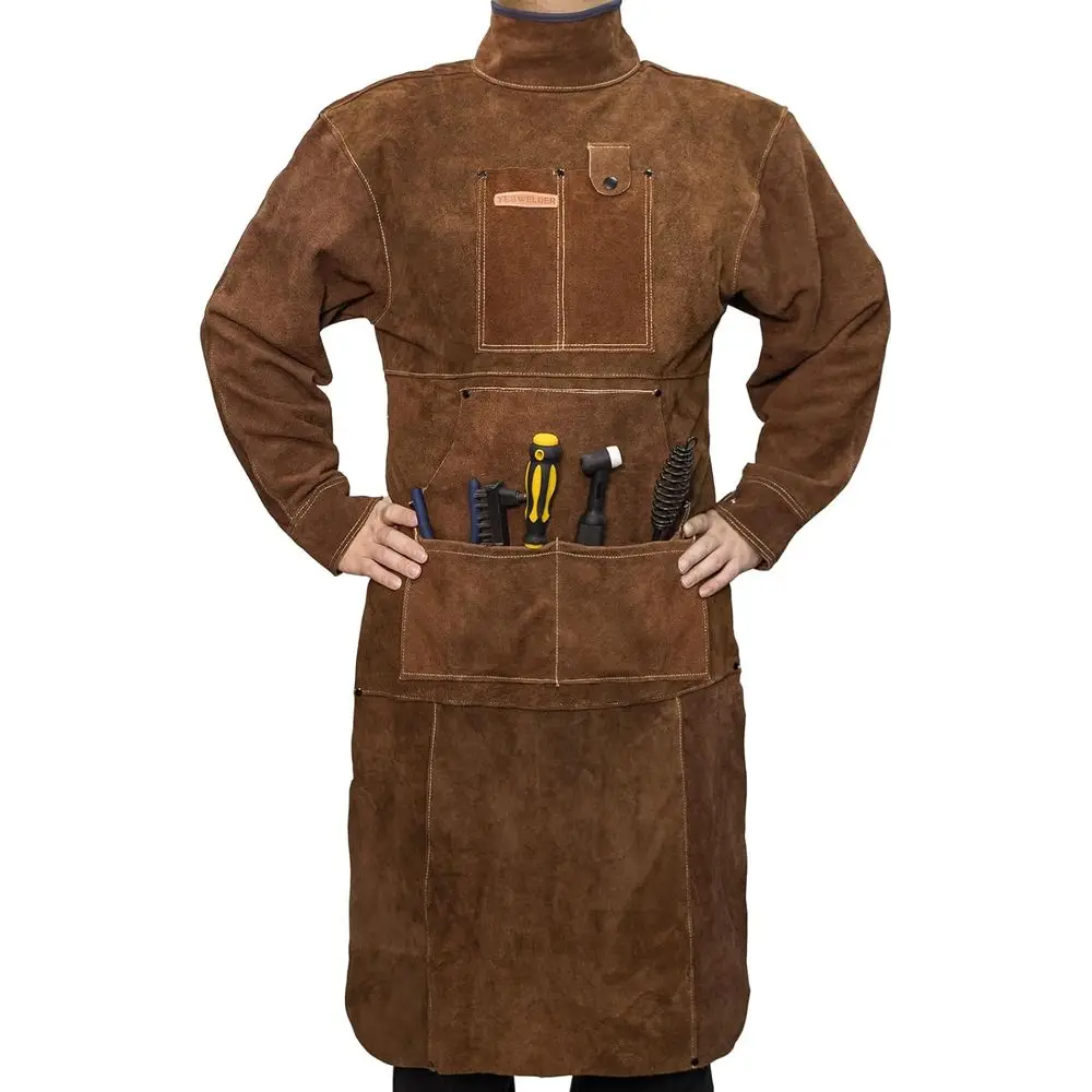 

YESWELDER Leather Welding Apron with Sleeve and 6 kets, Heat lame Resistant Cowhide Welder Apron, Brown
