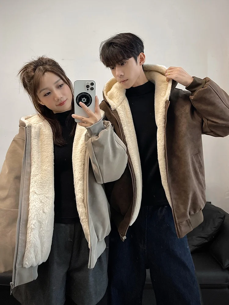 

Утепленная куртка из искусственной кожи с флисовой подкладкой и капюшоном для пар, зимнее теплое хлопковое пальто, мужская модная повседневная молодежная куртка для активного отдыха