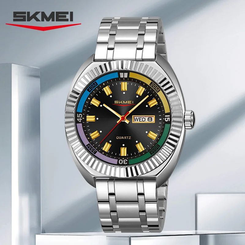 SKMEI 9353 Luxury Colorful Classic Male Quartz Movement Alloy Stainless Steel Watch Business Men Wristwatches Clock Hands Gift