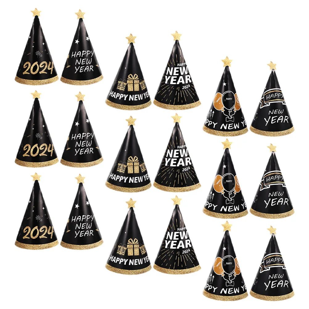 

18pcs New Year Party Hats 2024 Happy New Year Paper Cone Hats For Adults Party Supplies Favors Decorations Photography