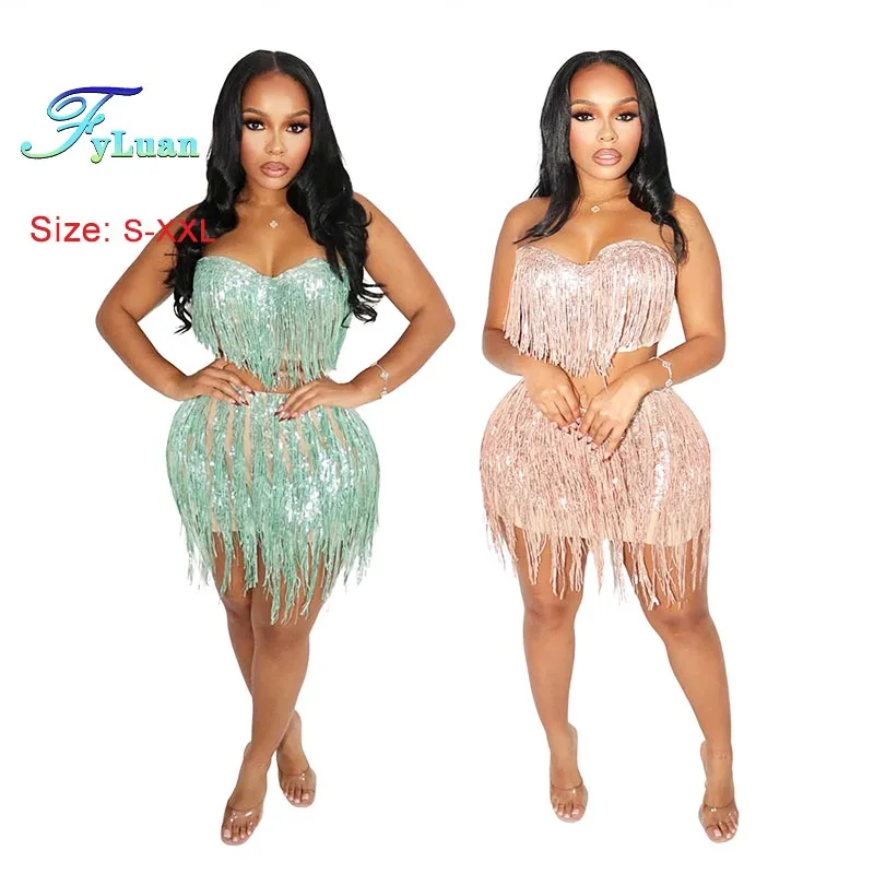 

Модные комплекты женской одежды с кисточками, топы без бретелек с облегающей юбкой, комплекты из двух предметов с кисточками, женское однотонное сексуальное коктейльное платье