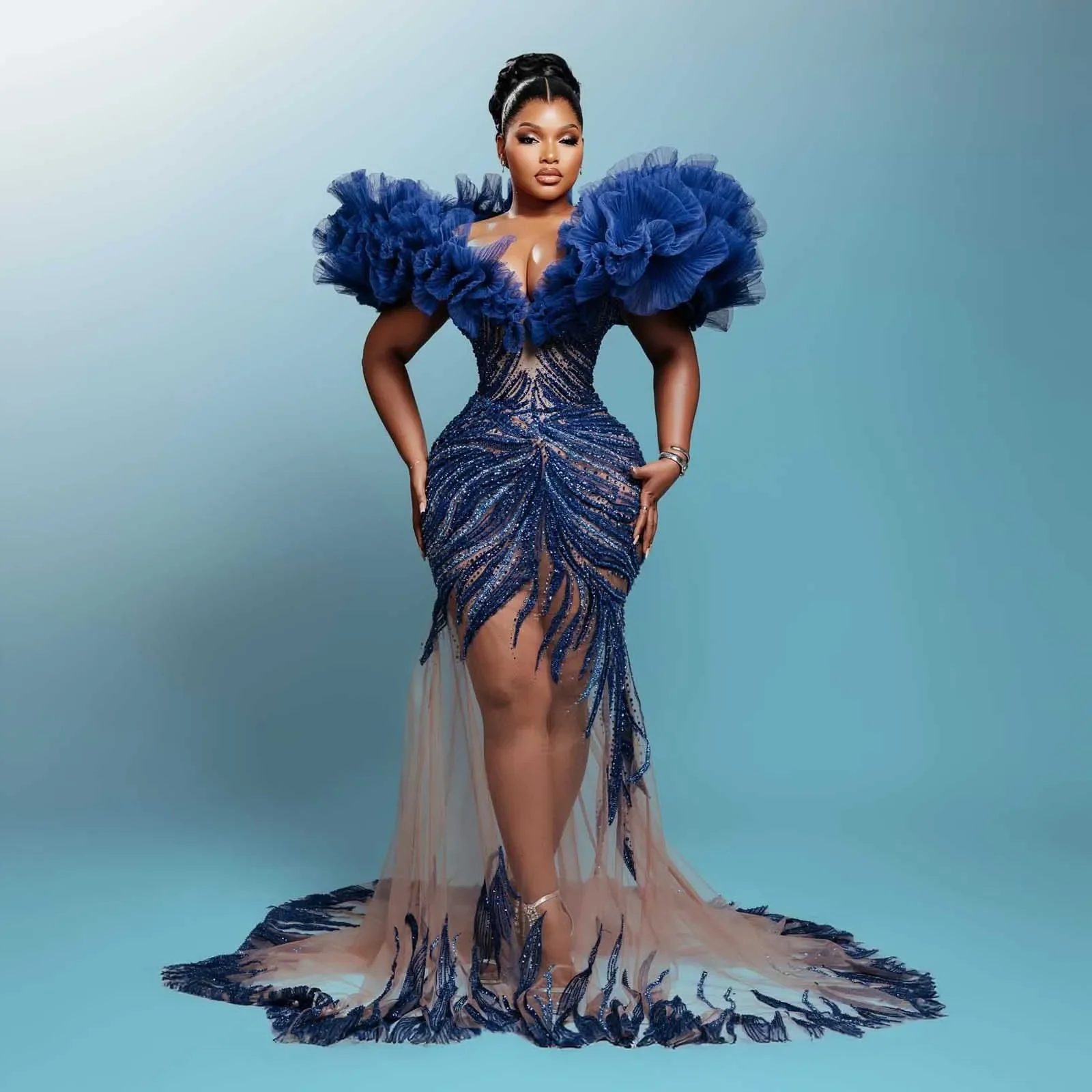 

Роскошное сверкающее платье русалки Aso Ebi с 3D кружевом и бисером, свадебное бальное платье, сексуальное вечернее платье с v-образным вырезом для торжественных случаев по индивидуальному заказу