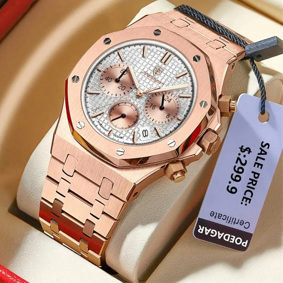 POEDAGAR ساعة يد رجالية أصلية فاخرة تاريخ مضيئة مقاومة للماء من الفولاذ المقاوم للصدأ للرجال ساعات كوارتز عصرية للأعمال