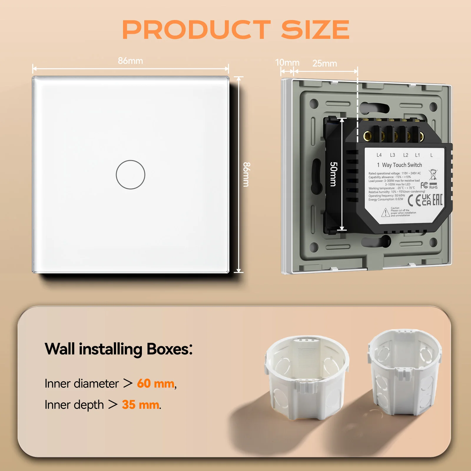 BSEED 1-fach 1-Wege Touch-Schalter Wandlichtschalter Weiß Kristallklar Wasserdicht LED-Sensor-Schalter Schwachblau Hintergrundbeleuchtung Einphasig – Detail 1