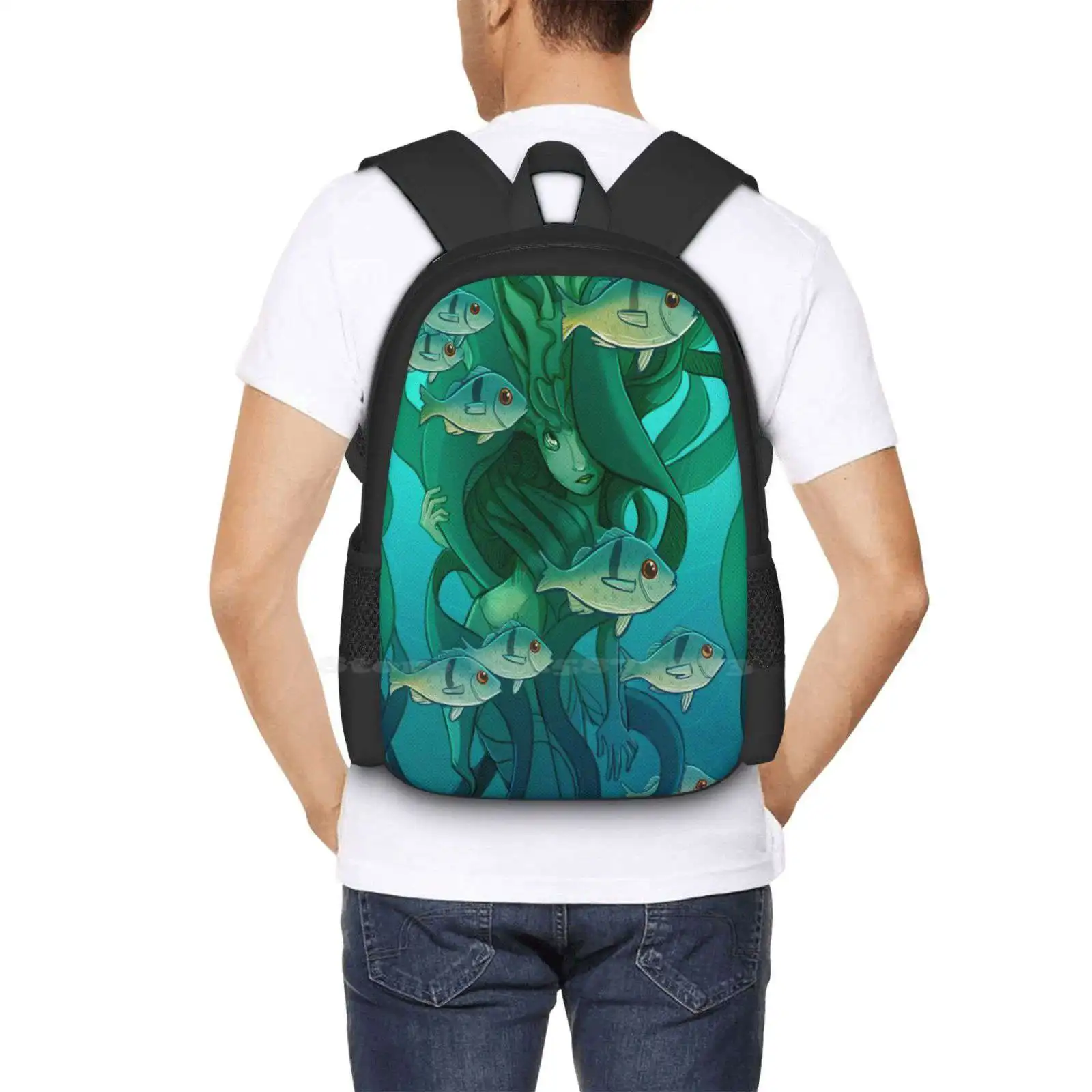 The kelp Forest School Bag กระเป๋าเป้ใส่แล็ปท็อปความจุขนาดใหญ่ลายเคลป์ป่านางเงือกแฟนตาซีศิลปะแบบดั้งเดิมธรรมชาติชีวิตในทะเลมหาสมุทร