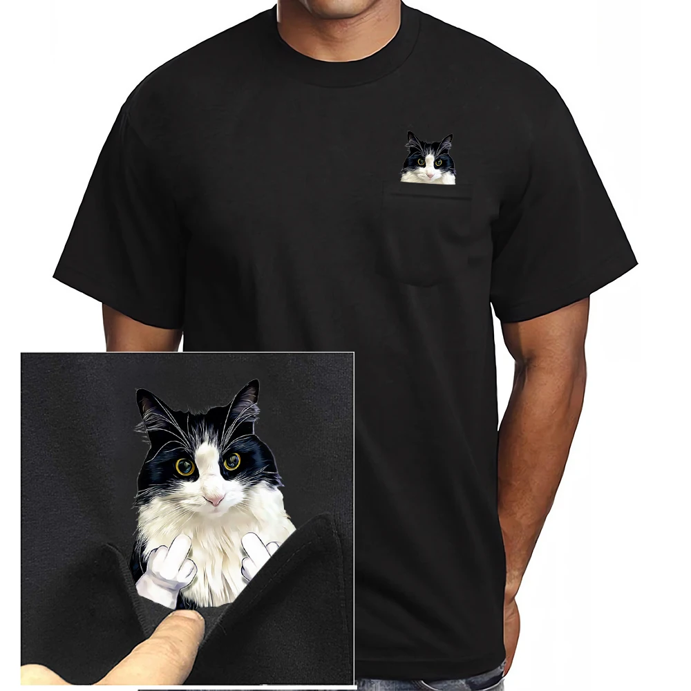 HX Cow Cats Cotton T-Shirts Funny Kitten Double Middle Finger Print Pocket T-shirt Mens Clothing Short Sleeve Shirts Summer Tees