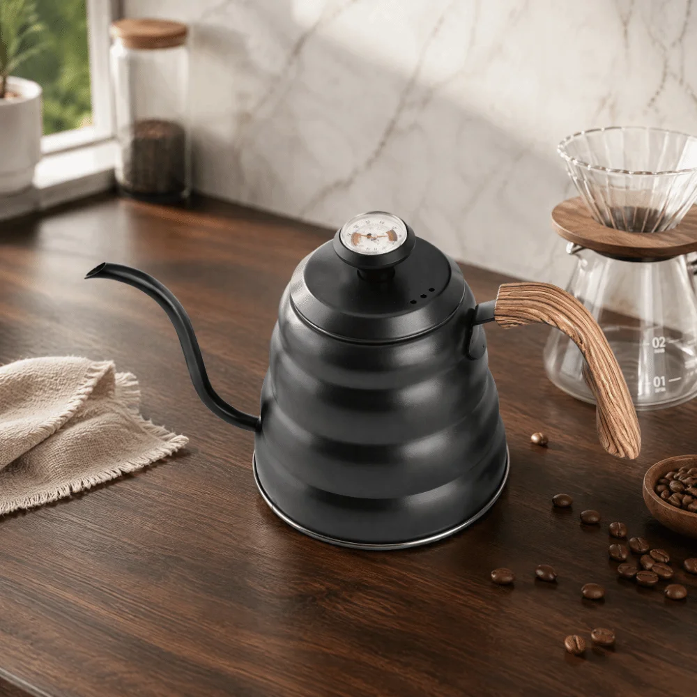 1.2L Capacity Pour Over Coffee Kettle Built-in Thermometer 40.6oz Volume Stovetop Coffee Kettle Black Finish Stainless Steel