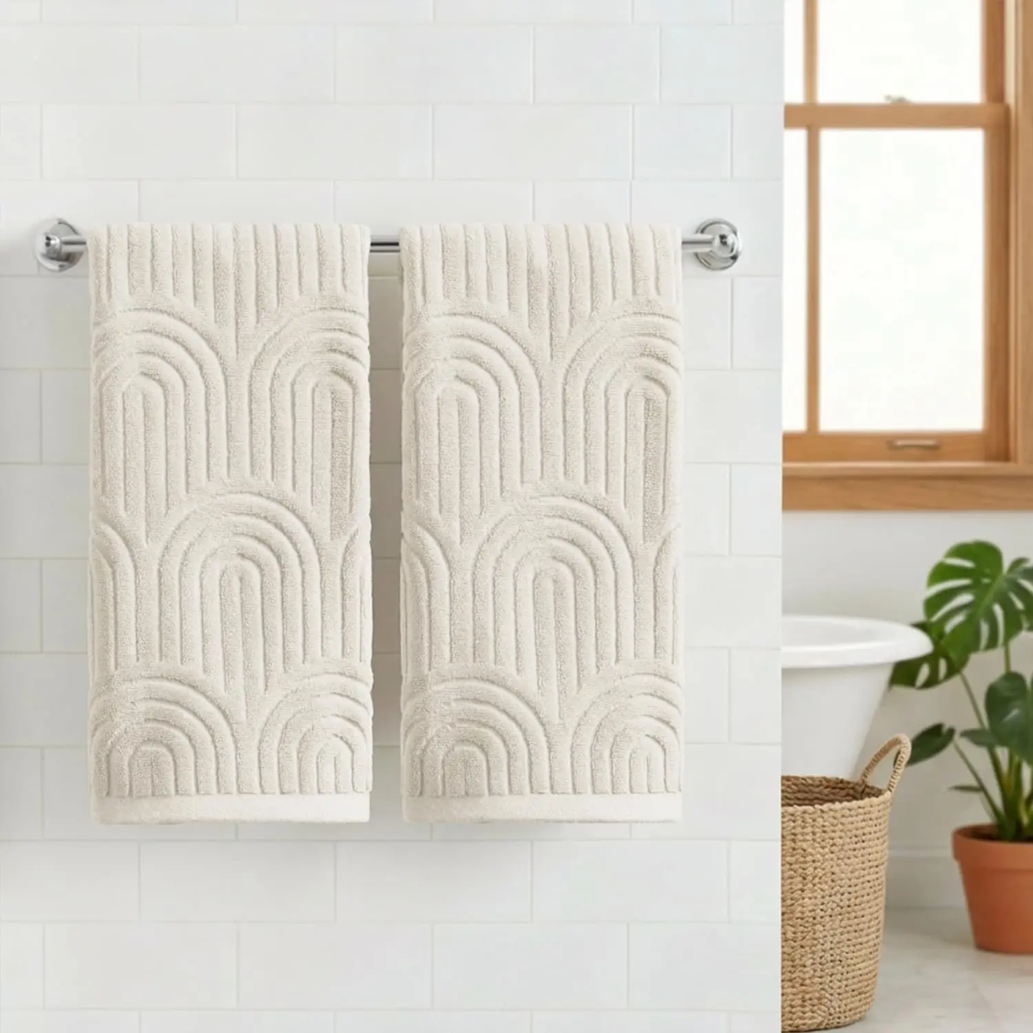 Artoid Mode 2 Pcs Beige 3D Arched Stripes Jacquard Hand Towels for Bathroom, 100% Cotton Soft Absorbent Bathroom Decor Towels, 13.7 x 29.5 Inch