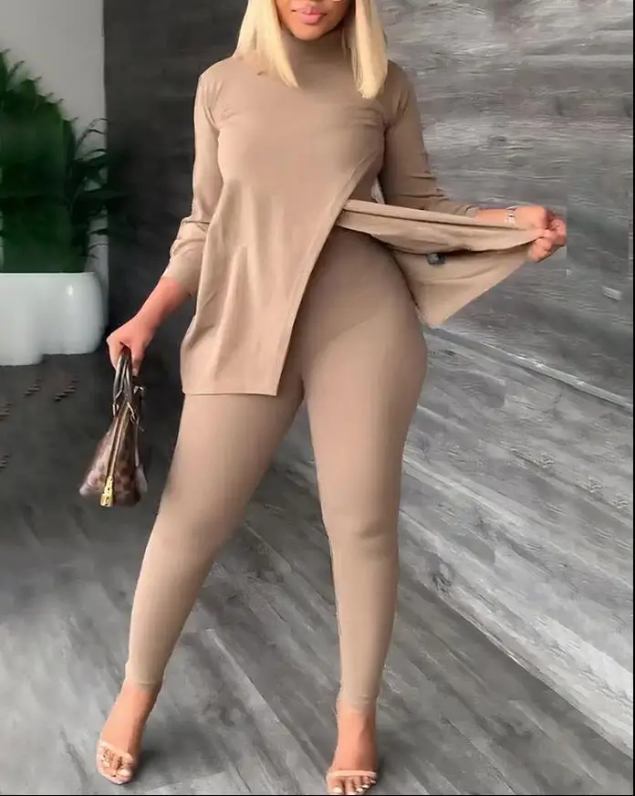 

2 Piece Sets Womens Outfits Casual Plain Long Sleeve Mock Neck Slit Top & High Waist skinny Pants Set Autumn 2022