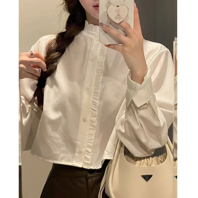 Qweek koreanischen Stil Vintage weiße kurze Hemden Frauen elegante Büro Langarm Blusen feste Farbe Mode jugendlichen Herbst