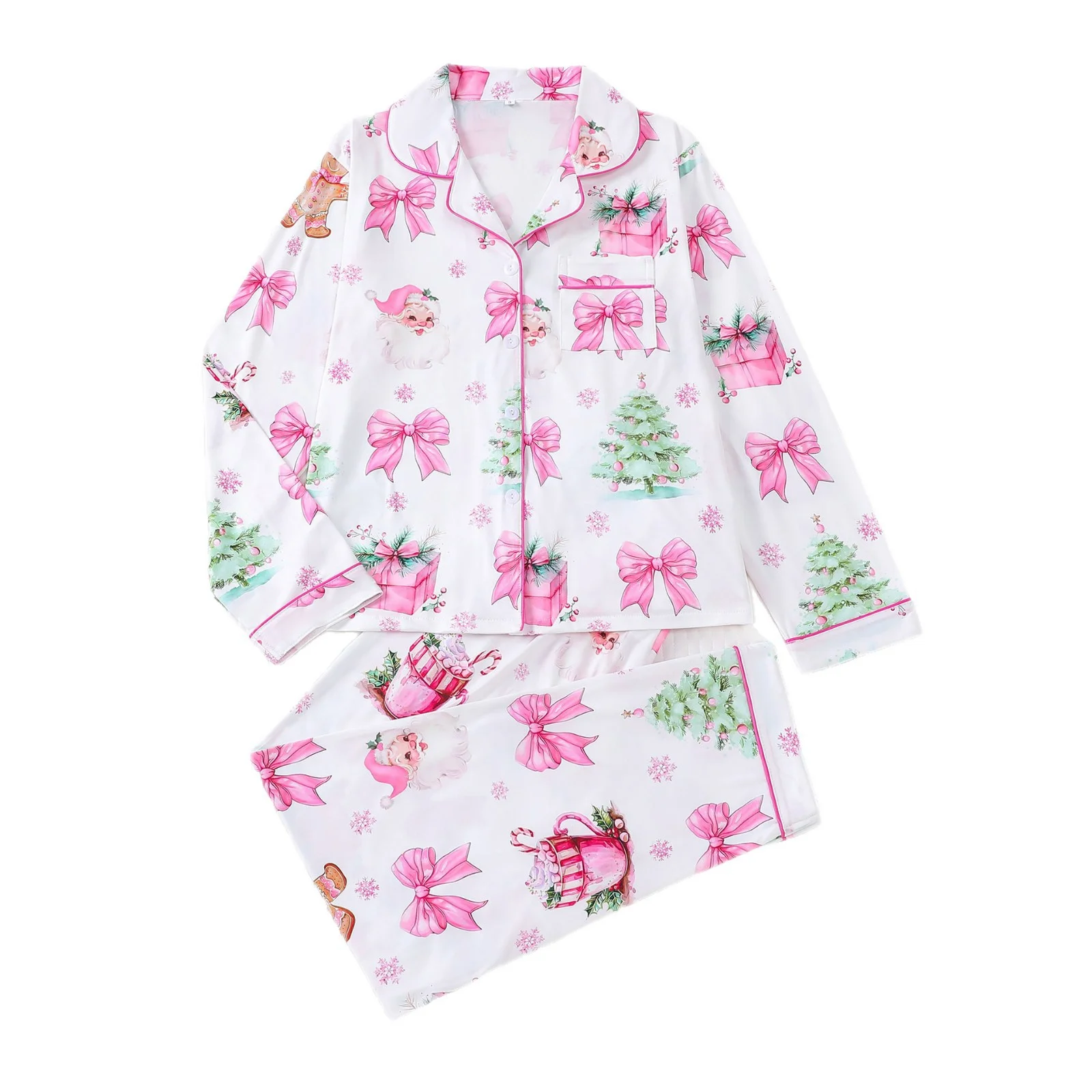 

Женский пижамный комплект на рождественскую тематику с бантом, лацканами с принтом рождественской елки, длинными рукавами и длинными брюками, кардиган, домашняя одежда