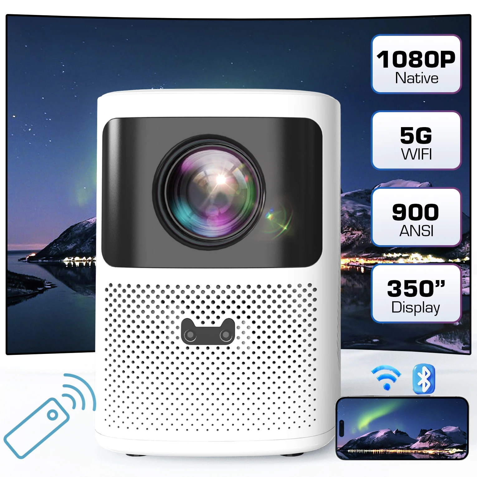 

EGOBAS 1080P 900ANSI 4K Android Projector with WiFi and Bluetooth, Auto Focus WiFi6 Home Video Movie Portable Projector Phone