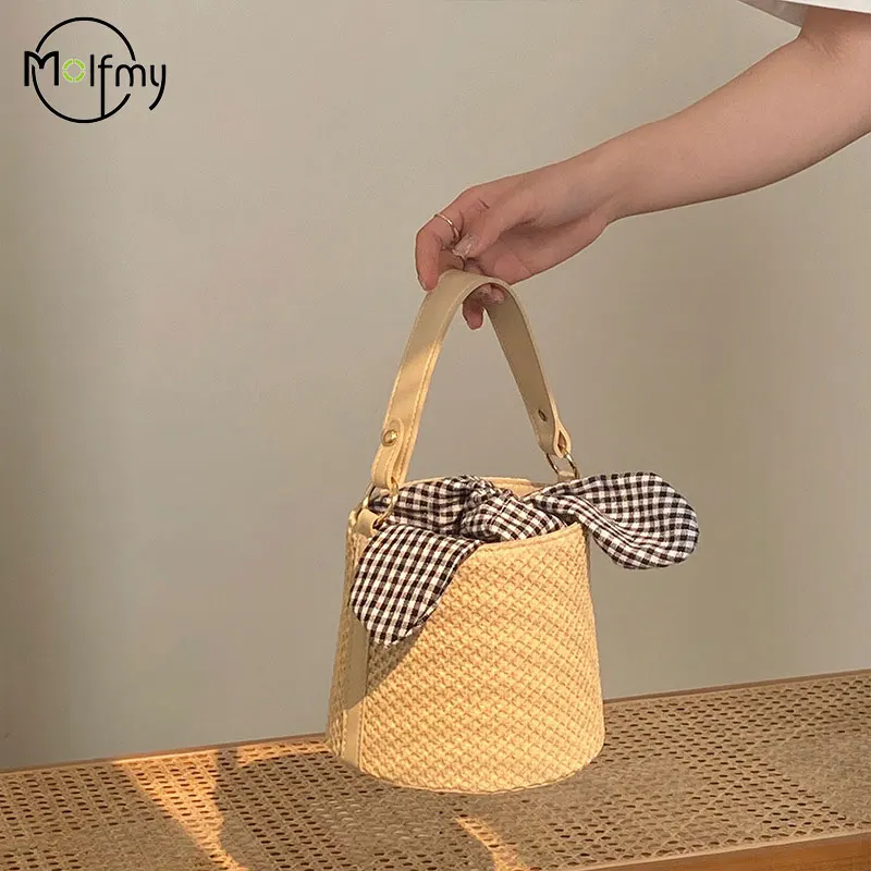 

Женская соломенная сумка-ведро, большая вместительная винтажная сумка через плечо, однотонная простая плетеная сумка, летняя повседневная сумка для женщин