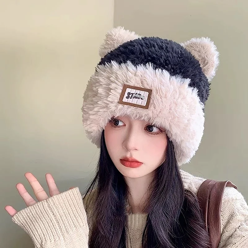 Winter Cute Panda Ears Hat Women\'S Knitted Hat New Thickened Velvet Cute Bow Bow Ear Protection Cold Wind Cold Cap