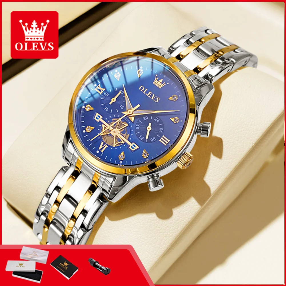 

OLEVS 2897 Women's Chronograph Watch Stainless Steel Waterproof Skeleton Flywheel Quartz Wristwatch for Ladies Elegant