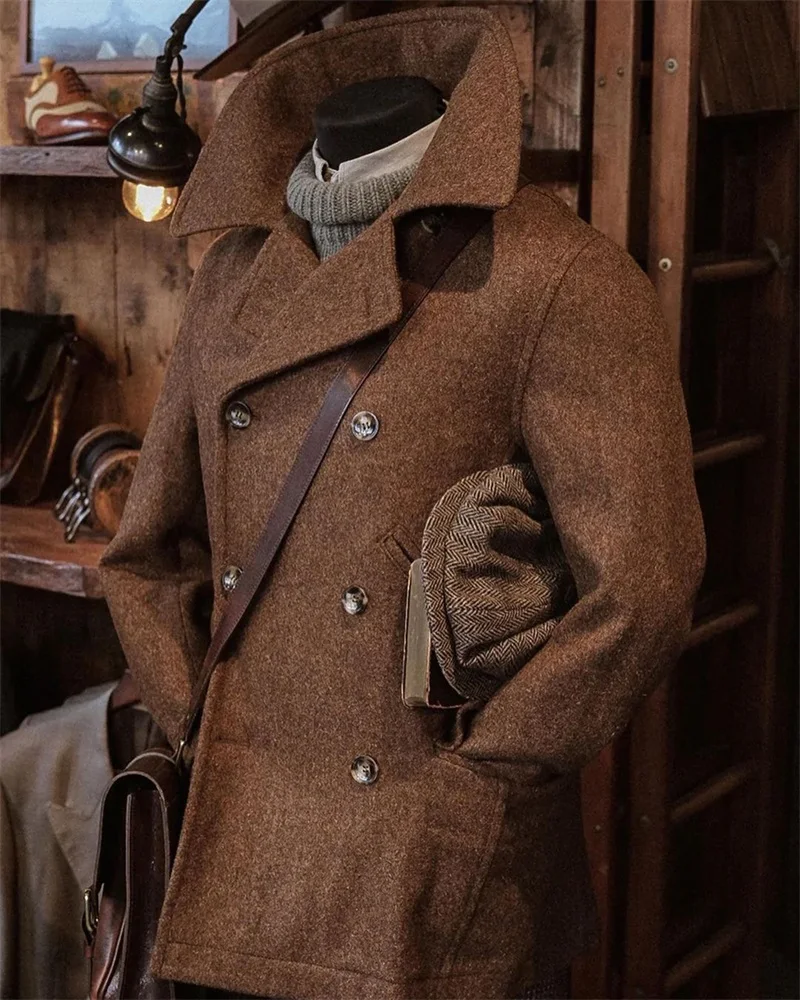 Manteau en laine marron pour homme, épais, costume d'hiver, Blazer formel, Double boutonnage, veste sur mesure pour le bureau