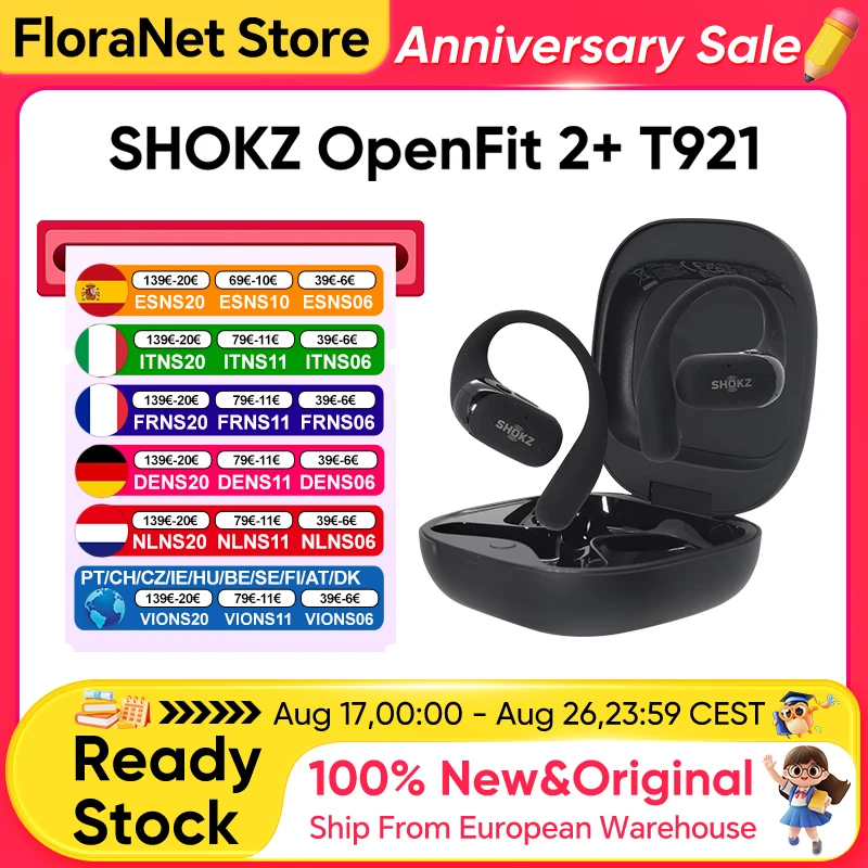 Original SHOKZ OpenFit 2+ T921 Open-Back-Kopfhörer, mit Dolby-Audio, kabellosem Bluetooth 5.4, Ohrbügel-Design, KI-Geräuschunterdrückung und IP55-Schutzklasse.