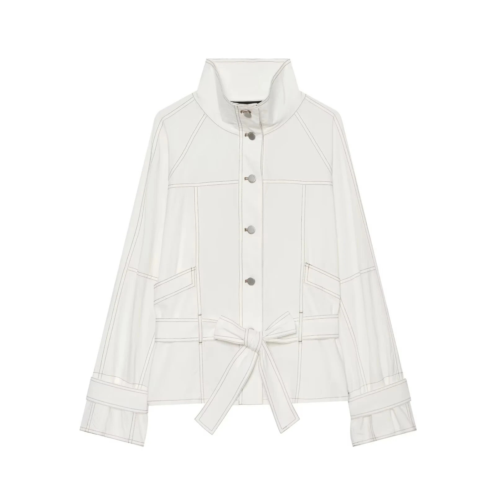 2026 Autumn White Bright Thread Workwear Jacket Women's Stand up Collar Strap Waist Short Jacket