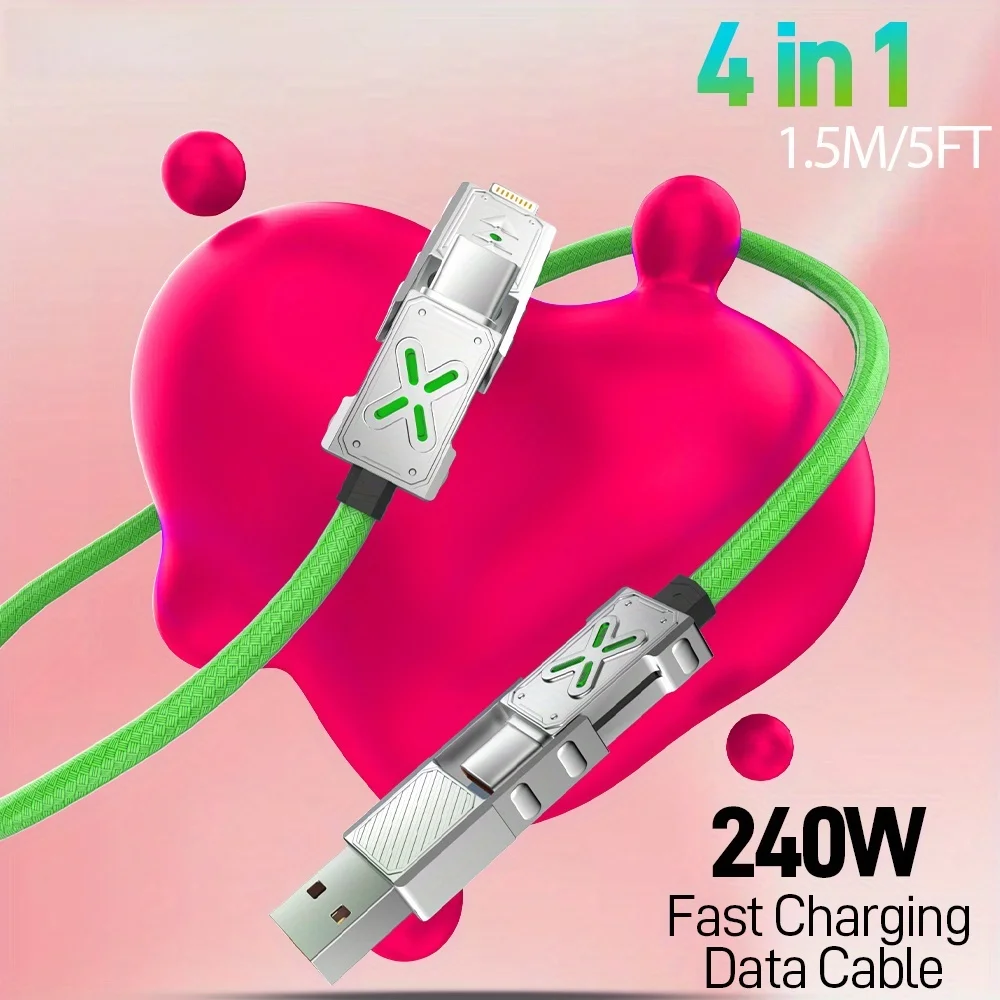 240W 4-in-1 Super Fast Charging Data Cable USB-C To Type-C Zinc Alloy Cable For Iphone Samsung Huawei Xiaomi Multi Port Multiple