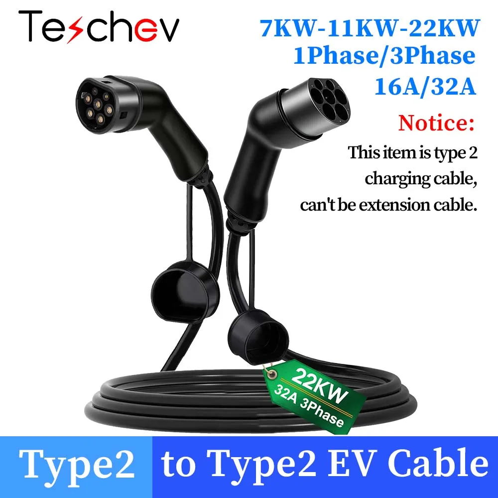 

Portable EV Charging Cable 32A 7KW Electric Car Charger 11KW/22KW 16A/32A 3 Phase EVSE EV Cable Type 2 to Type 2 IEC62196-2