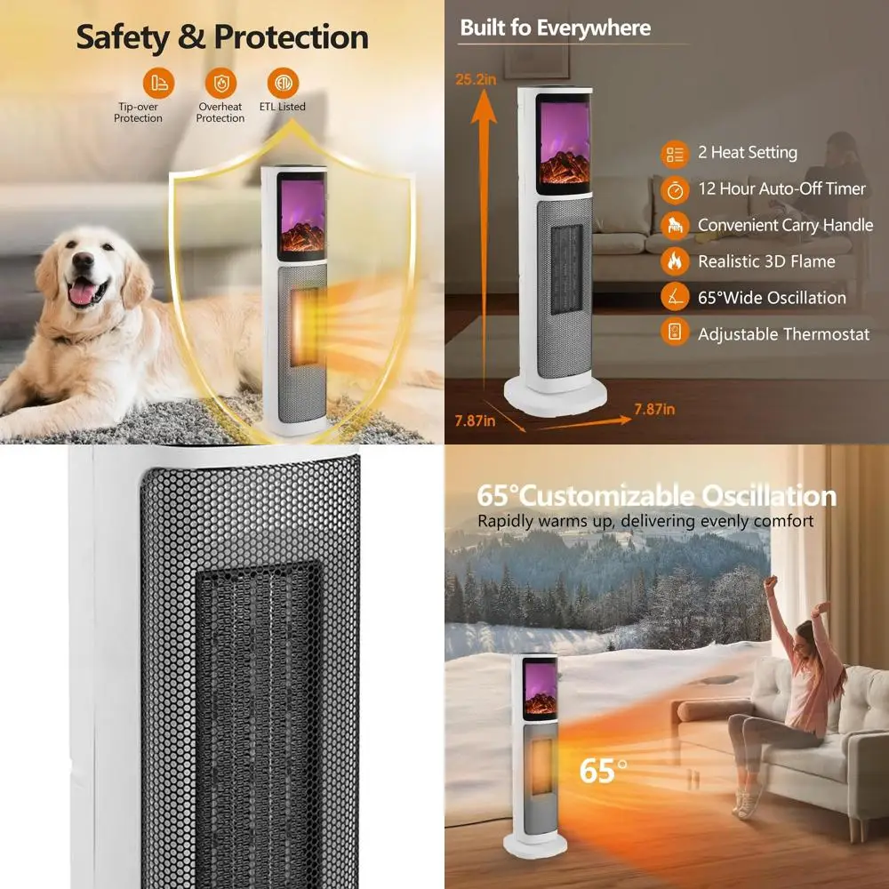 

3D Flame Electric Heater with Adjustable Thermostat, Oscillation, Remote Control, 12H Timer, Overheat Protection