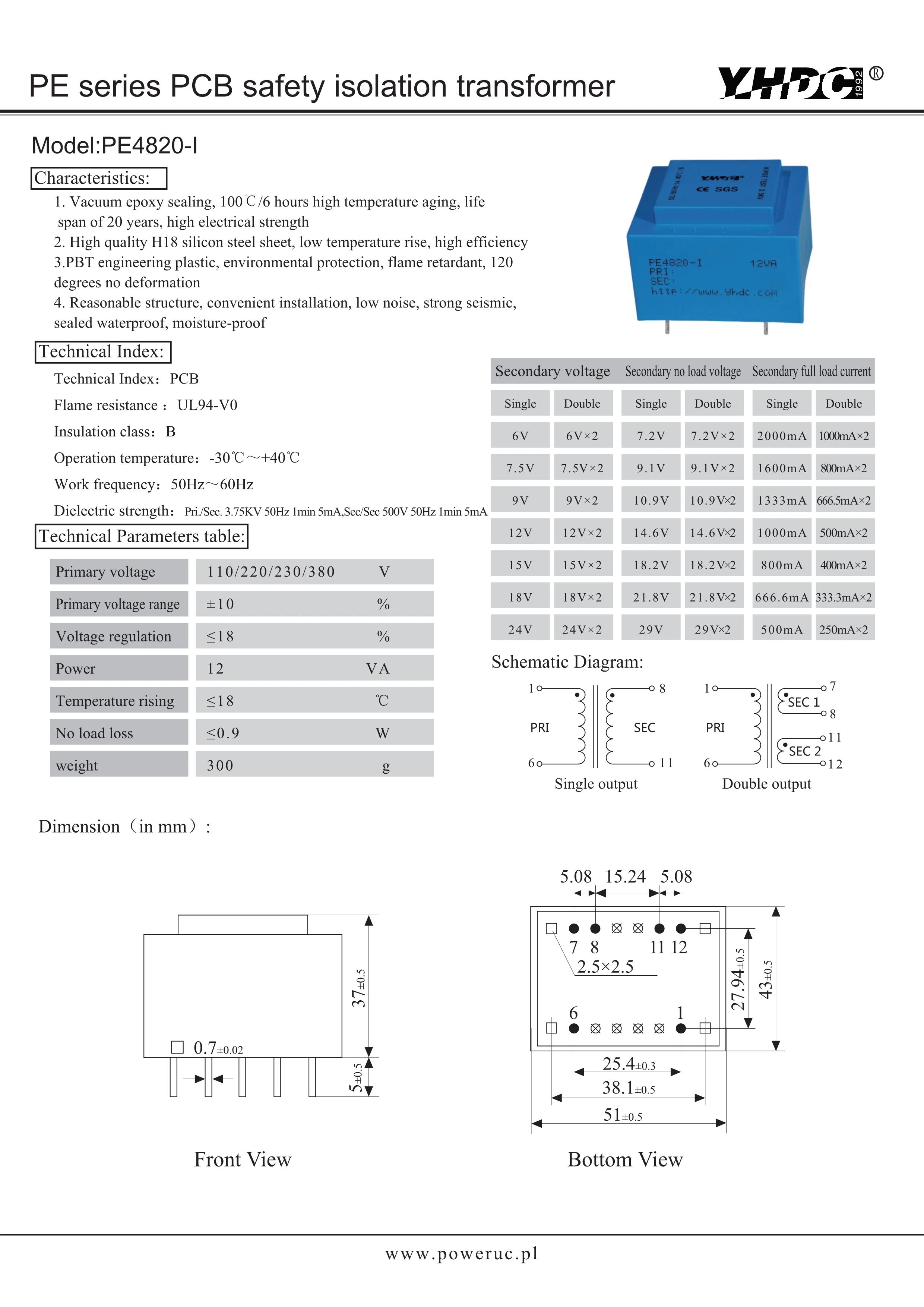 PE4820-I Power 12VA input 110V Output 6V-24V 50-60Hz Vaccum Epoxy Encapsulated PCB Welding Isolation Transformer