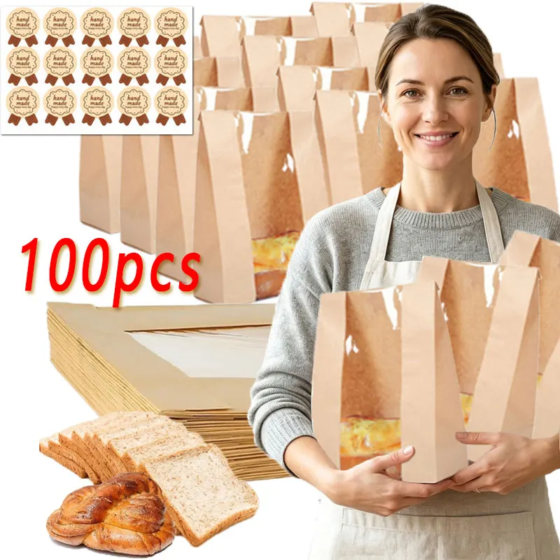10-100pcs Self Sealing Toast Bag, Leakproof Stand-Up Bakery Packaging with Clear Window Cowhide Yellow Paper Bread Bags