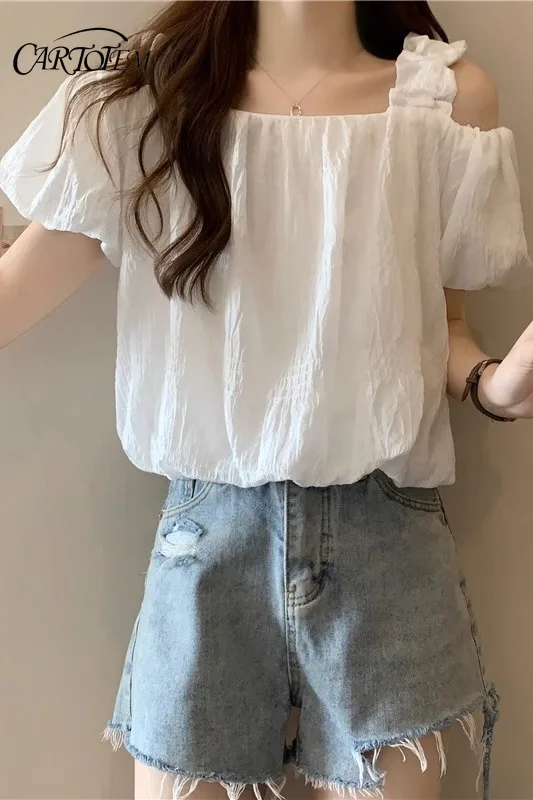 

One-shoulder Suspender Short-sleeved Shirt for Women New Small Loose Puff Sleeves Casual