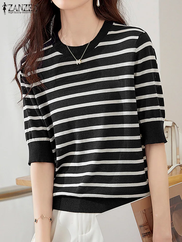 ZANZEA Women Summer Tops Elegant Half Sleeve Striped Blouse Casual Loose T-Shirts Fashion Office Work Shirt Stylish Knitted Tops