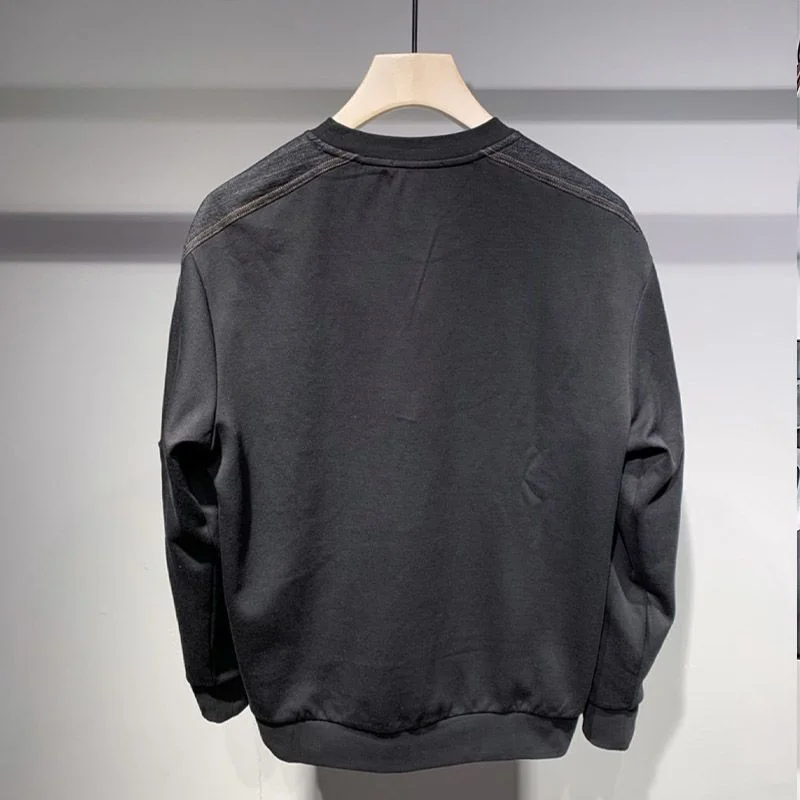 Japanese Retro Denim Bright Line Color-blocking Sweatshirt Men in Autumn and Winter New Loose Casual Black Top Trendy