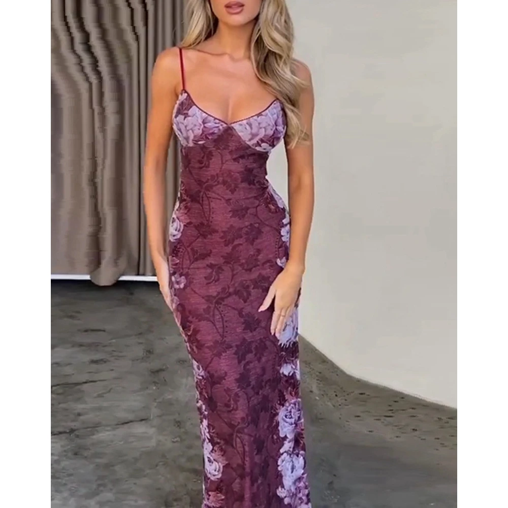 

Women Floral Print V Neck Spaghetti Strap Formal Party Red Dress Femme Evening Dresses Elegant Birthday Long Vestidos