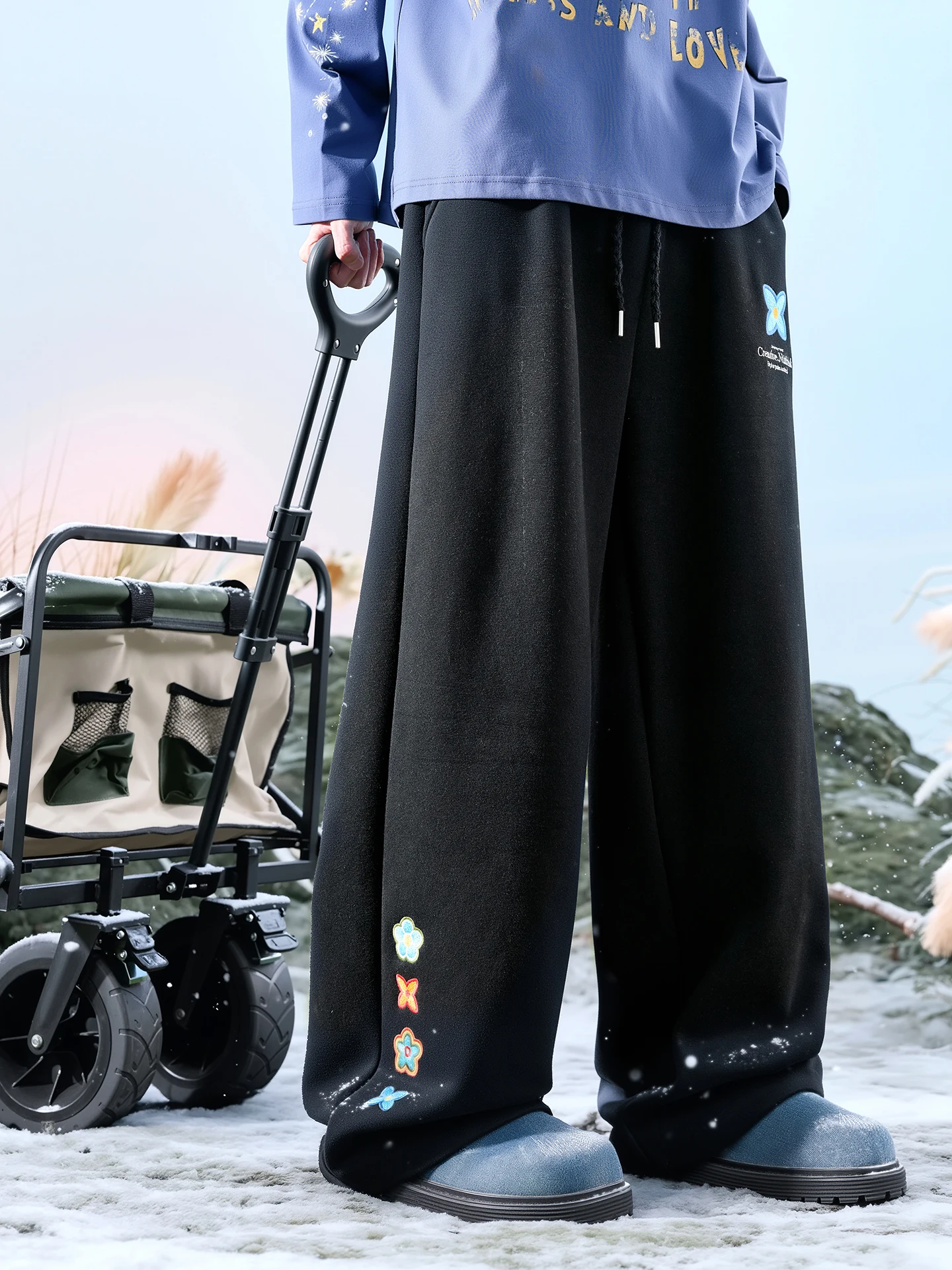 

Nuthink American Sle Wide Leg Pants Men's Spring 2026 Floral Embroidery Drapey Sweatpants Comfortable Soft Cotton Polyester