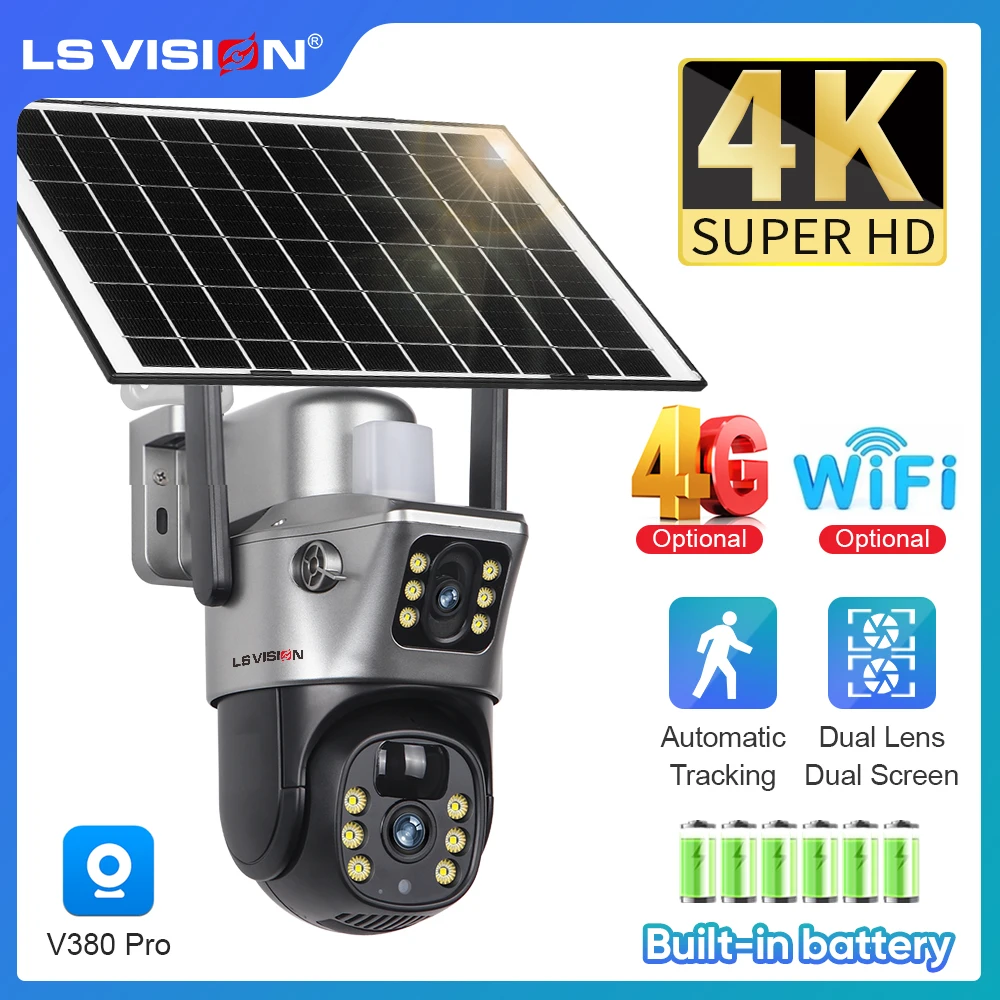 LS VISION-Câmeras Solar Dual Screen, 4G Cartão SIM, 8MP, 4G, WiFi, PTZ, Dual Lens, Bateria Embutida, Rastreamento Humano Automático, Câmera de Segurança