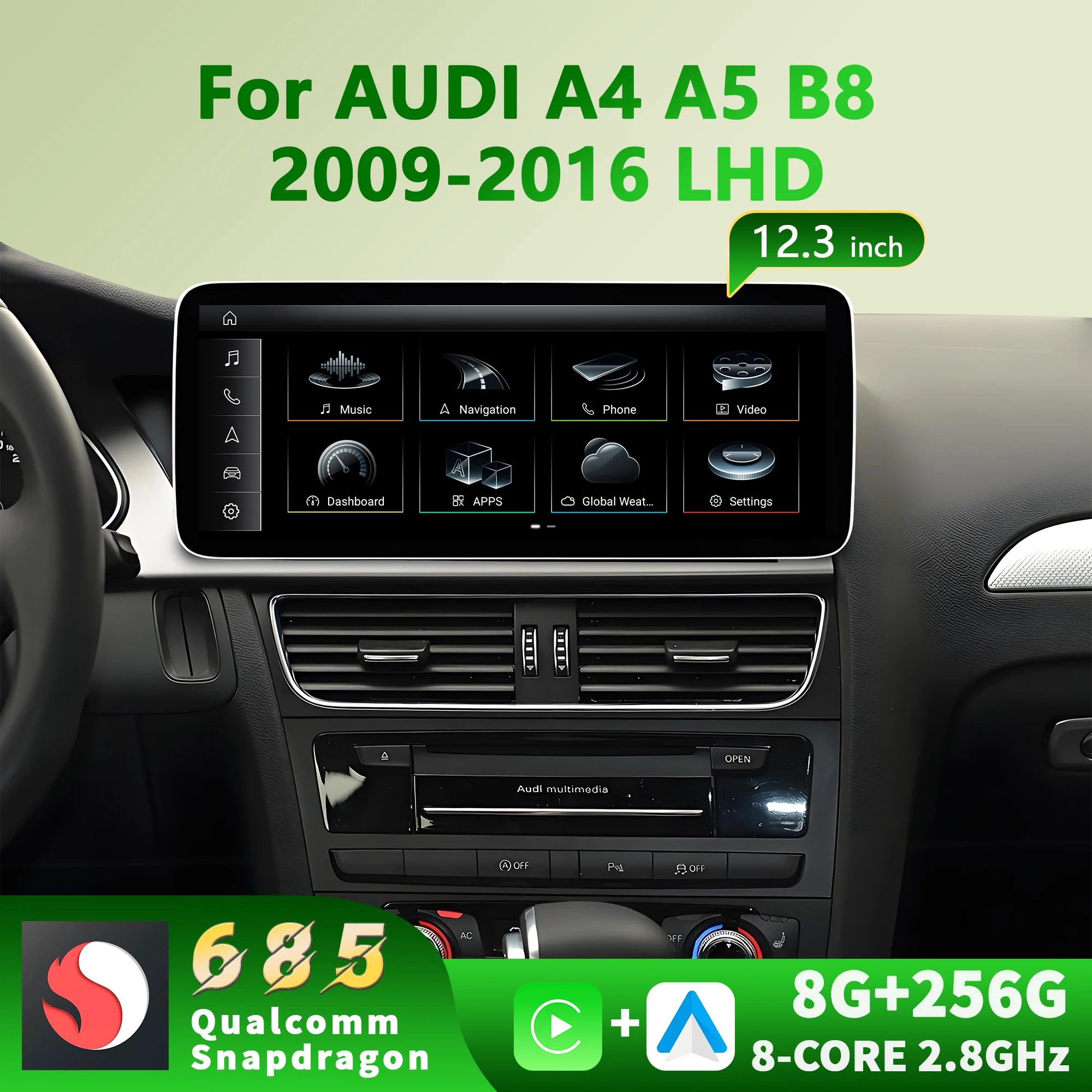 12.3 inch For AUDI A4 A5 B8 2009-2016 Snapdragon 685 Android 14 Car Radio Multimedia Wireless GPS Carplay Bluetooth Split Screen