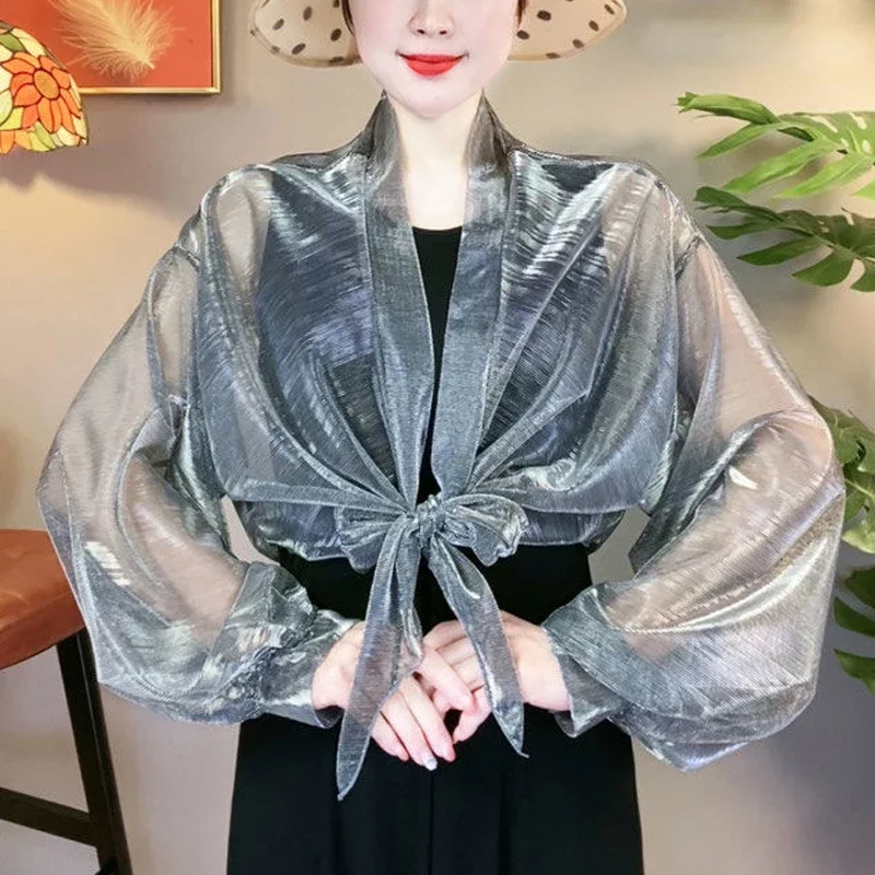 Summer New Thin Simplicity Bandage Vintage Short Blouse Loose All-match Temperament Shirt Tops Casual Fashion Women Clothing