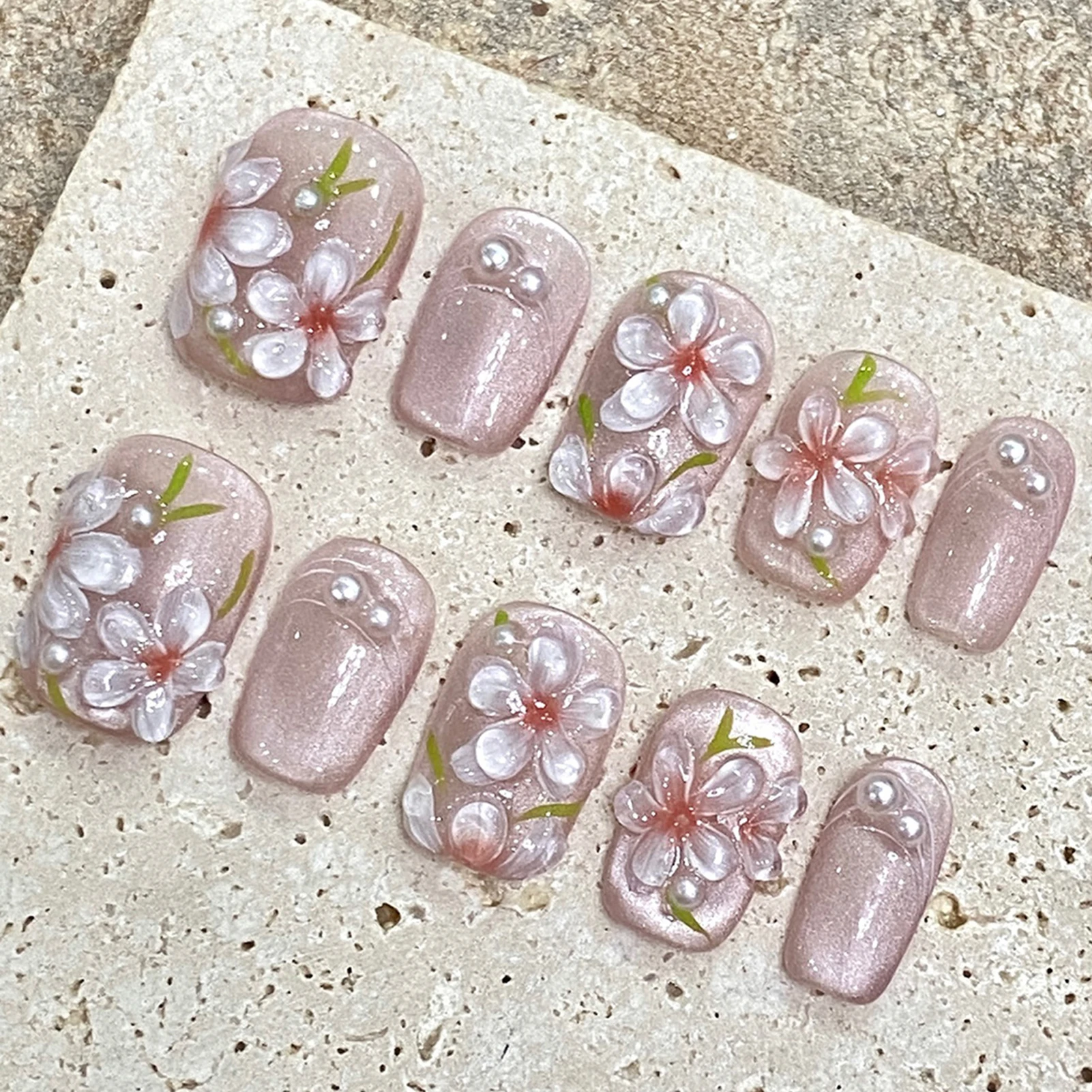 10pcs Handmade Fake Nails With Pearl Crystal Flowers Decor Press On Nails Short Ballerina Shiny Cat's Eye False Nails Wearable