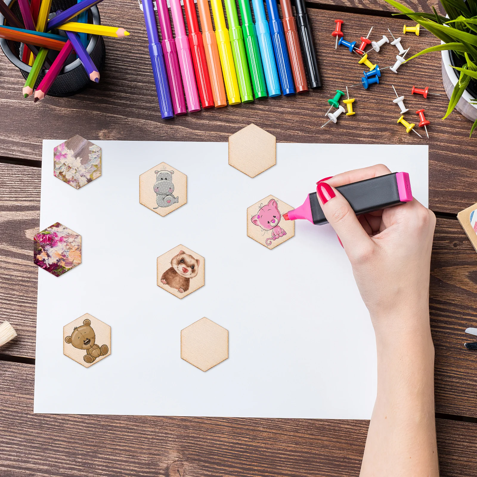 

100pcs Hexagon Cutouts Wooden Pieces Smooth Surface DIY Ornaments Unfinished Wood Slices Decorations Christmas Art Projects