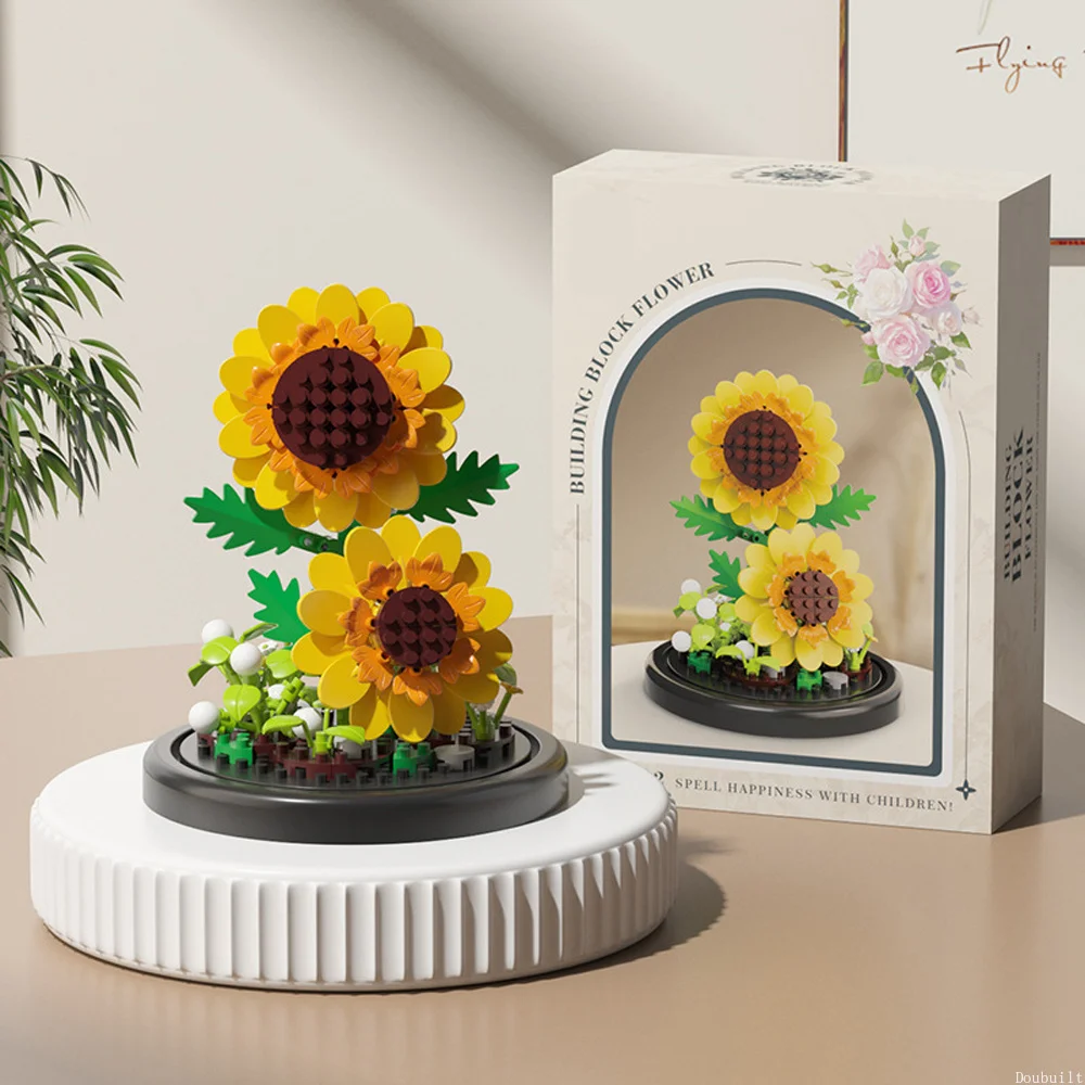 DIY MOC Eternal Flower Dust Cover Tulip Rose Sunflower Succulent Garden Micro Building Blocks Set Kit Home Ornament Gift for Her - view 5