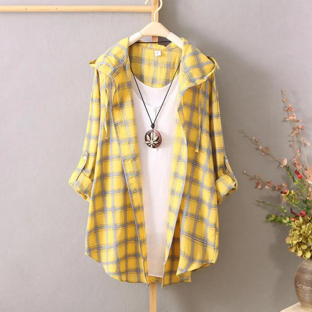 Women Shirt Cardigan Korean Fashion Plaid Pattern Hooded Roll-up Sleeve Loose Long Shirt Coat Sunscreen Shirt Casual Jacket