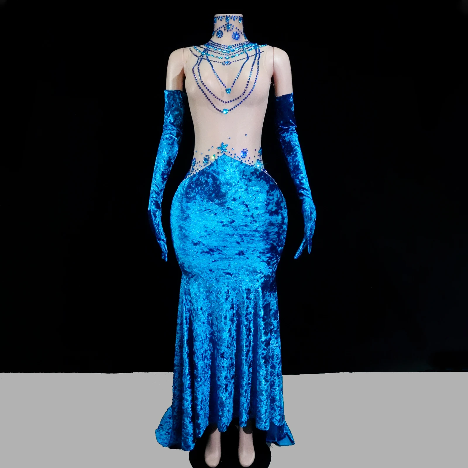 

Luxurious Ladies Blue Velvet Fishtail Dress With Shiny Diamonds Stage Performance Nightclub Singer Birthday Party Wedding Outfit
