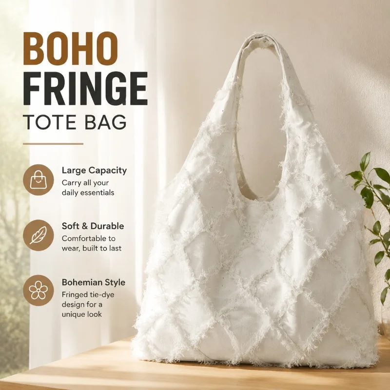 Off-white Blank Tie Dye Canvas Tote Bag with Tassels Large Capacity Vest Shoulder Literary Casual Handbag for Female Students