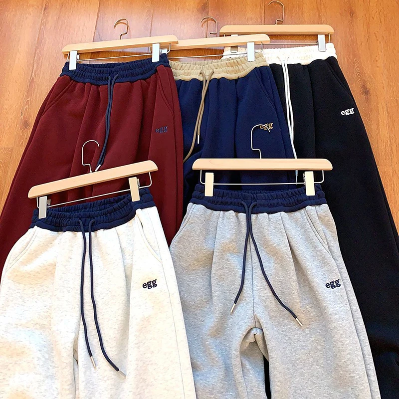 Pantalones de pierna ancha de retales gruesos de felpa Y2K, pantalones de chándal holgados con cordón de cintura alta, moda de invierno, ropa de calle cálida, Pantalones rectos