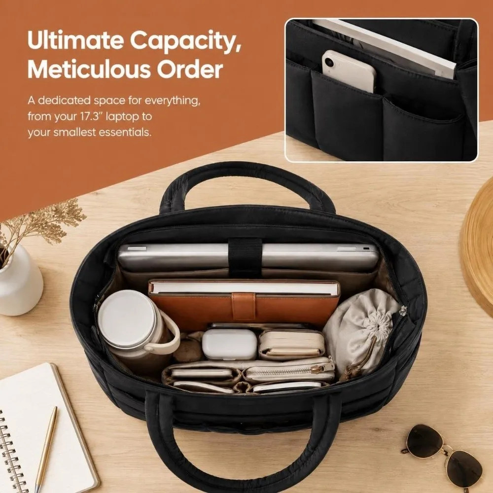 30L Capacity Quilted Tote Bag Laptop Compartment Multi Pocket Business Bag Machine Washable Front Hidden Pocket Nurse Tote Bag