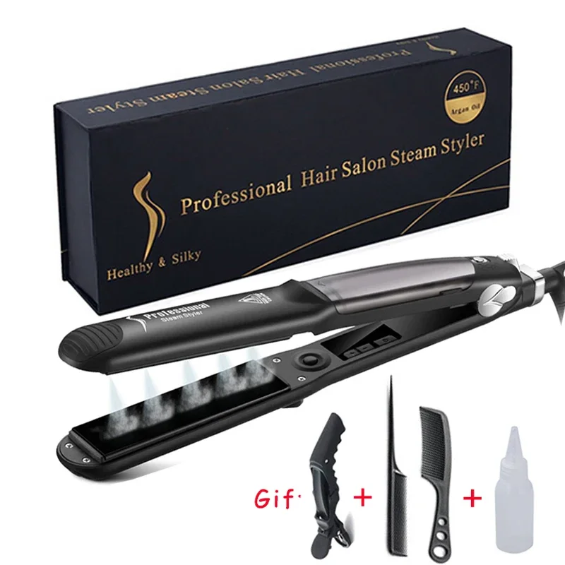 Drop shipping 2 IN 1 Steam hair Straightener Flat Tourmaline Ceramic Culer Professional Iron Straightener Hair Salon Iron Tool